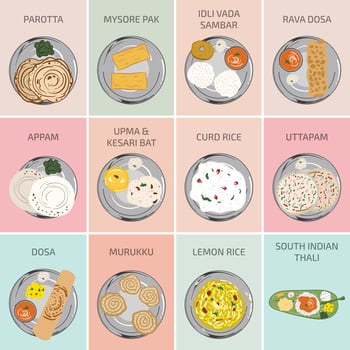 South Indian Snacks. Dosa Uttapam appam curd rice upma thaali sambar vector