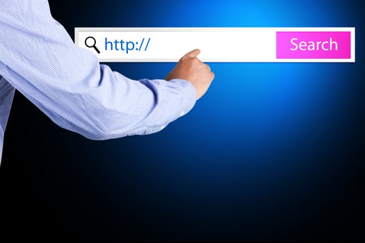 male hand pressing Search button photo