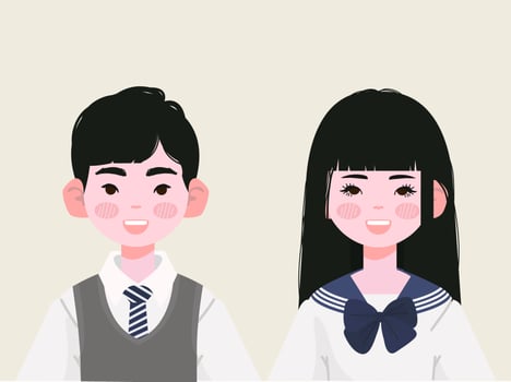 Senior High School Student In Japanese Uniforms. Senior High School Students Vector Illustration.