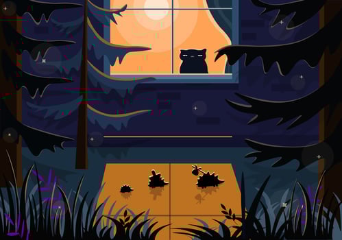 Hedgehogs in the forest and a cat in the house. Night vector