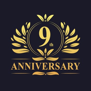 9th Anniversary Design, luxurious golden color 9 years Anniversary logo. vector