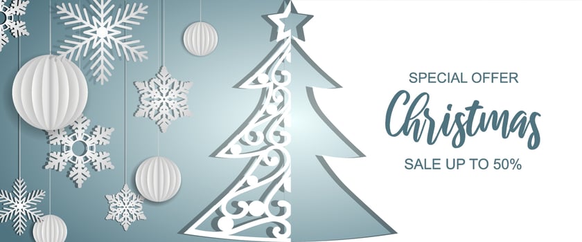 christmas sale banner with paper tree, balls and snowflakes vector