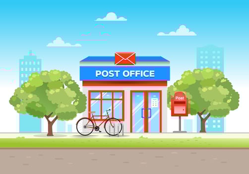 Post office building in flat style in the city on a summer day with a bike at the entrance. Vector illustration
