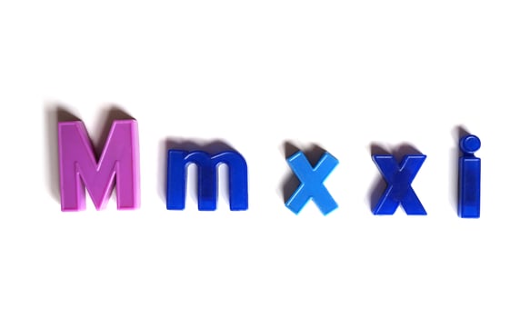 Year 2021 written in Roman numbers MMXXI over white photo