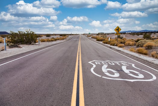 Route 66 in the desert with scenic sky. Classic vintage image with nobody in the frame. photo