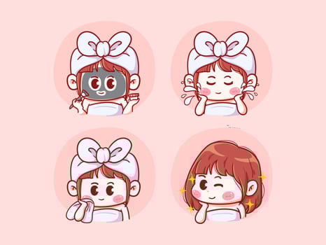 Cute and kawaii Girl Doing Skincare Routine, Apply Face Mask, Wash and Cleanse Face, Glowing Skin, manga chibi Illustration vector