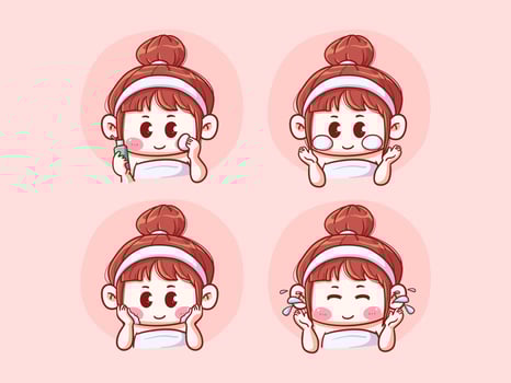 Cute and kawaii Girl Apply Face Wash Product, Cleanse and Rinse Face, chibi manga Illustration vector