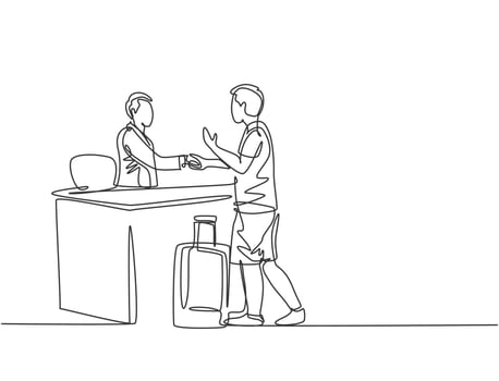 One line drawing of young male tourist handshaking hotel receptionist and ask to book a room while holding a luggage. Travelling concept. Modern continuous line drawing graphic vector illustration