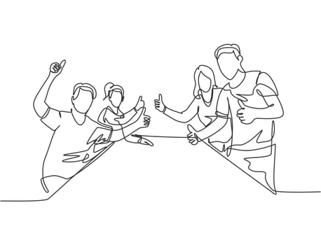Single line drawing group of young happy businessmen and businesswomen giving thumbs up gesture together. Business meeting concept. Continuous line graphic draw design vector illustration