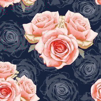 Seamless pattern red rose flowers vintage abstract dark blue background.Vector illustration drawing watercolor style.For used wallpaper design,textile fabric or wrapping paper. vector