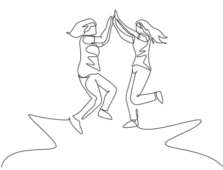 Single line drawing of two young happy women jumping and giving high five gesture to celebrate business successful. Friendship concept continuous line draw design graphic vector illustration