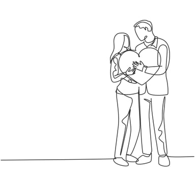 One single line drawing of young happy couple man and woman holding heart shape pillow and smiling each other. Romantic marriage love concept continuous line draw design graphic vector illustration