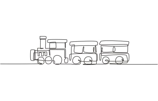 Single continuous line drawing of a locomotive train with two carriages in the form of a roving steam system in amusement park to transport passengers. One line draw graphic design vector illustration