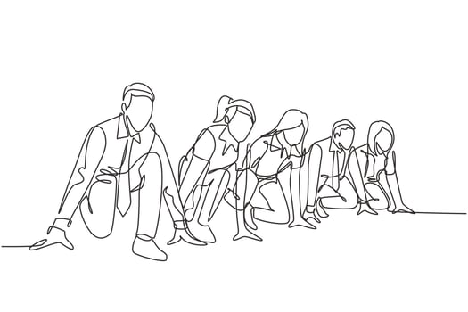 One single line drawing group of businessman and businesswoman get ready on start line to do sprint race. Business running competition concept continuous line draw design vector illustration