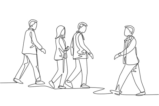One single line drawing of young businessmen and businesswoman walking together on city street to go to the office. Urban commuter workers concept continuous line draw design vector illustration