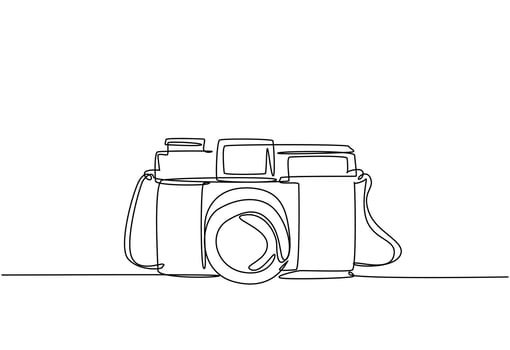 One single line drawing of old retro analog film pocket camera. Vintage classic photography equipment concept continuous line draw design vector illustration graphic