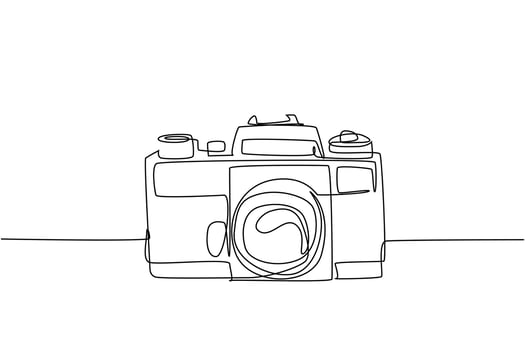 One continuous line drawing of old retro analog slr camera, front view. Vintage classic photography equipment concept single line draw graphic design vector illustration