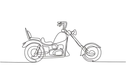 One single line drawing of old retro vintage chopper motorcycle. Vintage motorbike transportation concept continuous line graphic draw design vector illustration