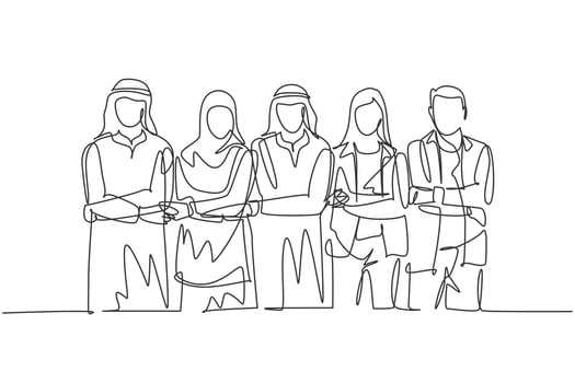 One single line drawing of young happy male ande female muslim managers holding hands together. Saudi Arabia cloth shmag, kandora, headscarf, thobe. Continuous line draw design vector illustration