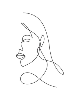 One continuous line drawing sexy beauty woman abstract face minimalist style. Female fashion concept for t-shirt, cosmetic, tote bag print. Dynamic single line draw design graphic vector illustration