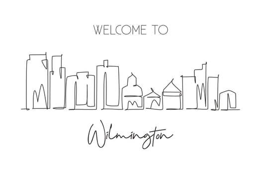 One single line drawing Wilmington city skyline, Delaware. World historical town landscape postcard. Best holiday destination. Editable stroke trendy continuous line draw design vector illustration