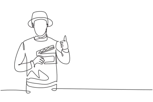 Single continuous line drawing the film director with a thumbs-up gesture while holding the clapperboard set the crew for studio shooting. Dynamic one line draw graphic design vector illustration.