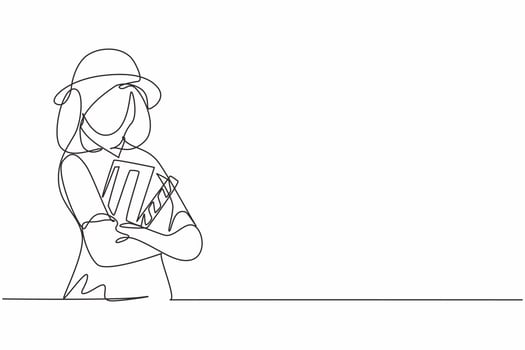 Single continuous line drawing of young female film director cross arms holding clapper board. Professional work job occupation. Minimalism concept one line draw graphic design vector illustration
