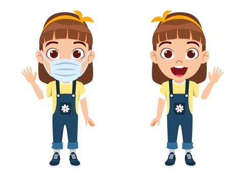 Cute kid girl character wearing beautiful outfit and mask and waving vector