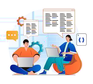 Programming working concept in modern flat design. Developer team creates software, brainstorming and working together at office. Development, optimization and testing apps. Vector illustration