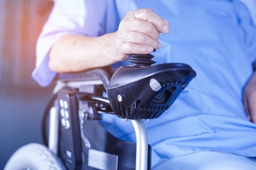 Asian senior or elderly old lady woman patient on electric wheelchair with remote control at nursing hospital ward, healthy strong medical concept photo