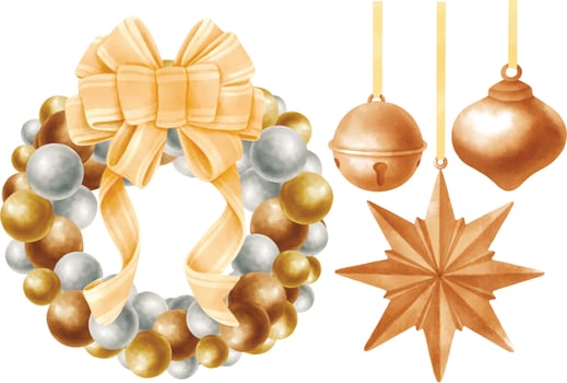 Christmas wreath and bells illustrations watercolor styles vector