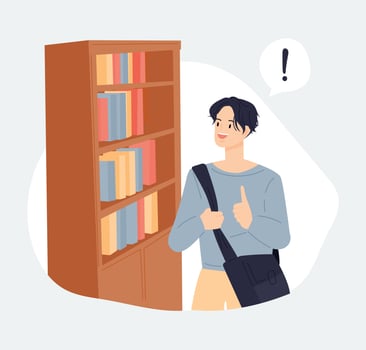 Book store and people. Man looking for a book in a bookshelf. flat design style vector illustration.