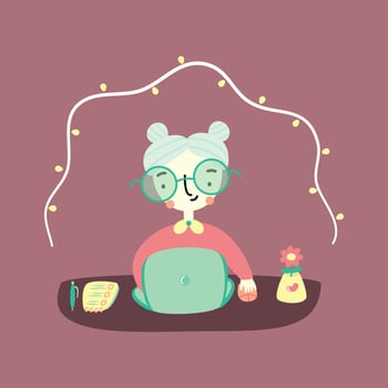 Cute cartoon hand drawn grandma with laptop flat vector illustration. Aged woman using her computer for work, education or entertainment. Technology and elderly people concept.