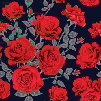 Seamless pattern red rose flowers vintage abstract dark blue background.Vector illustration drawing watercolor style.For used wallpaper design,textile fabric or wrapping paper. vector