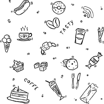 Coffee shop vector icons. Doodle vector with cafe icons on white background. Vintage coffee shop icons,sweet elements background for your project, menu, cafe shop.
