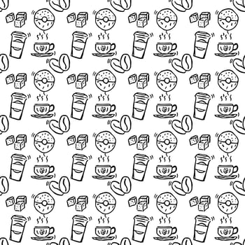 Seamless coffee shop vector icons. Doodle vector with cafe icons on white background. Vintage coffee shop icons, sweet elements background for your project, menu, cafe shop.
