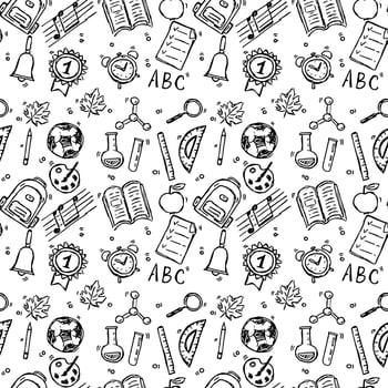 Seamless vector pattern with school icons. Doodle vector with school icons on white background. Vintage school pattern, sweet elements background for your project