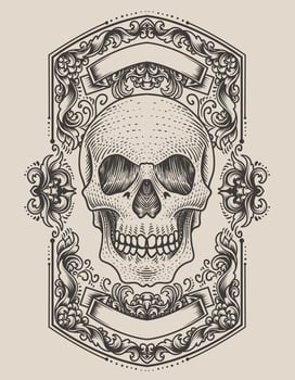 illustration demon skull head with antique engraving ornament vector