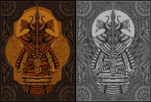 illustration samurai warriors with antique engraving ornament vector