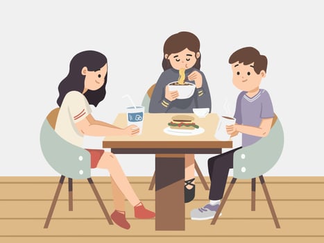 Friends sitting around table at cafe. Enjoying and eating meals. Sharing drinks at cafe. Indoor cafe color flat vector design. Friends having Chinese food in American Restaurant.