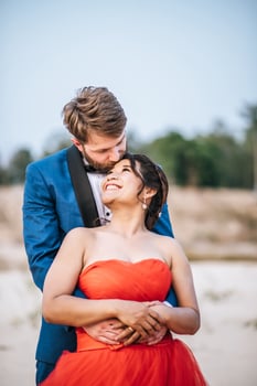 Asian bride and Caucasian groom have romance time and happy together photo
