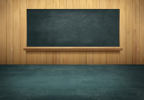 Table with wooden wall and blackboard background photo