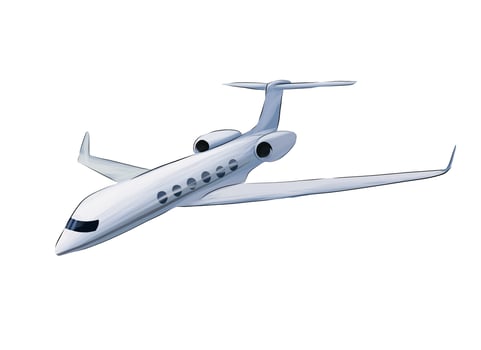Private jet. Business jet illustration. Luxurious twin-engine passenger aircraft. Airplane from multicolored paints. Splash of watercolor, colored drawing, realistic. Vector illustration of paints