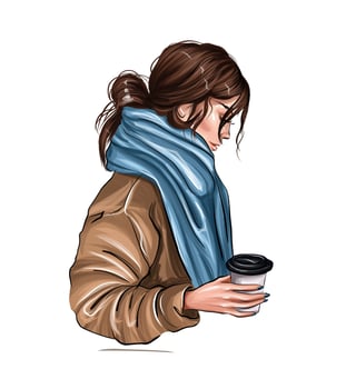Beautiful young woman with plastic coffee cup in her hand from multicolored paints. Splash of watercolor, colored drawing, realistic. Stylish girl. Vector illustration of paints