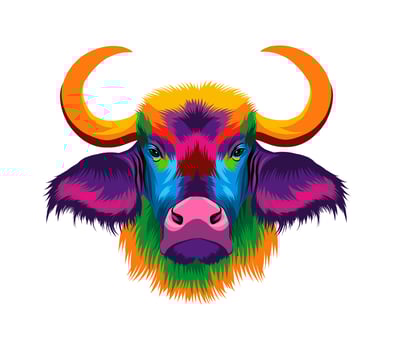 Bison, african buffalo head portrait from multicolored paints. Splash of watercolor, colored drawing, realistic. Vector illustration of paints