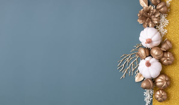 Minimalistic autumn Banner with copy space and golden acorns, cones, leaves and pumpkins on an colorful background. photo