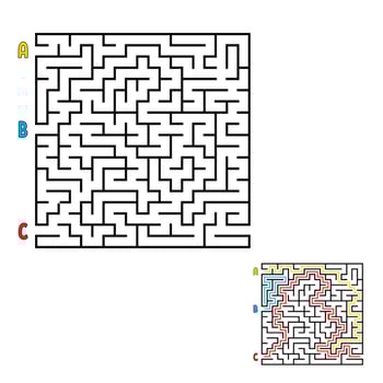 Abstract square maze. Game for kids. Puzzle for children. Find the right way to the exit. Labyrinth conundrum. Flat vector illustration isolated on white background. With the answer.