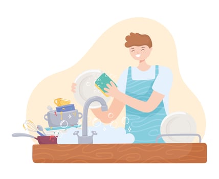 man in the kitchen washing vector