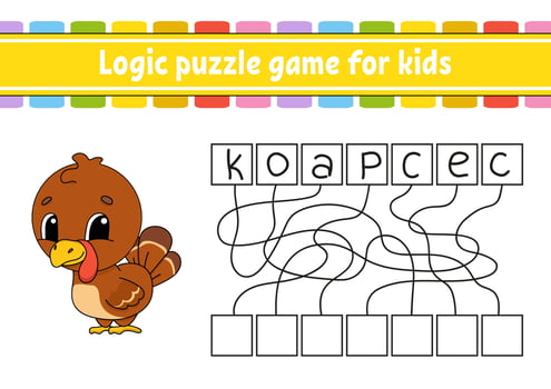 Logic puzzle game. Learning words for kids. Find the hidden name. Education developing worksheet. Activity page for study English. Game for children. Isolated vector illustration. Cartoon style.