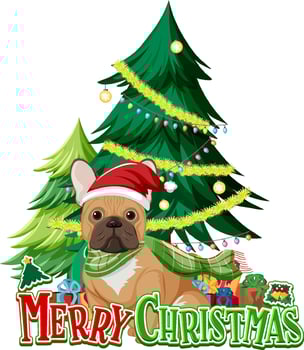 Merry Christmas font with Christmas tree and french bulldog vector